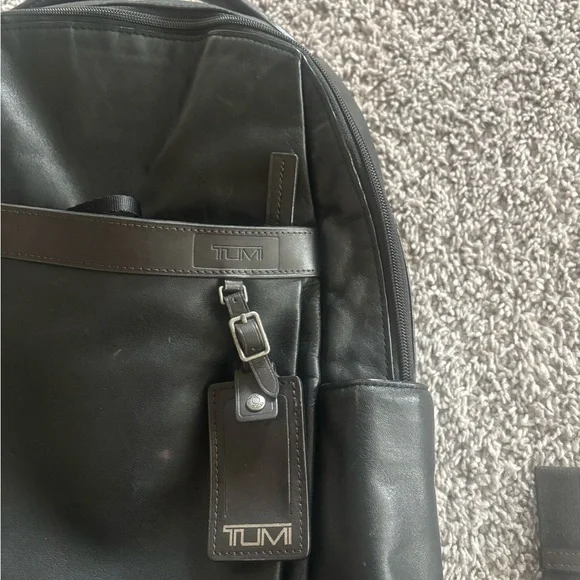 Tumi Black Leather Backpack with Branded Tag